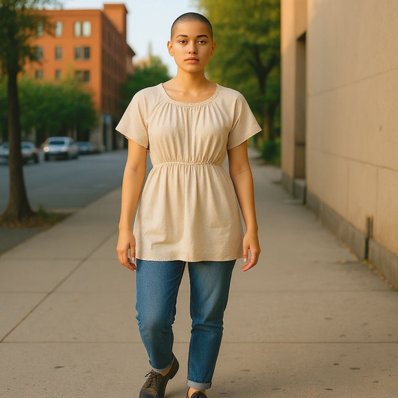 Momoni Medium Peasant Cotton Silk Sheer Lagenlook Blouse Beige Hi Low Hem Top - Picture 1 of 10
